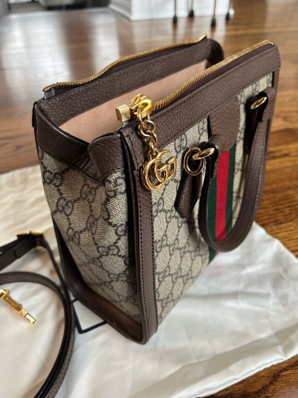 Gucci Convertible Brown GG Supreme Canvas Satchel with Green-Red Web Stripe - Picture 6 of 14